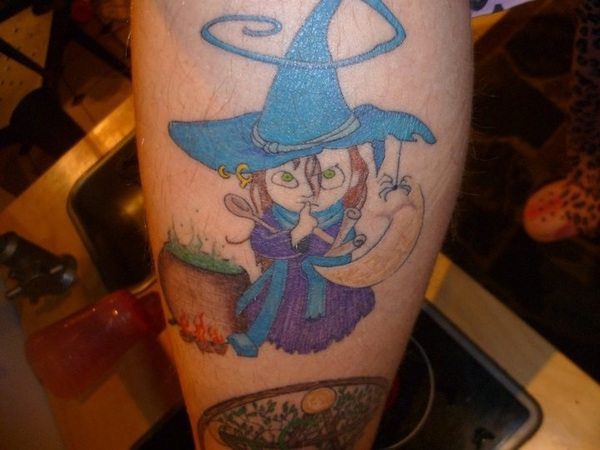 Little Girl Colored Witch with Cauldron and Moon