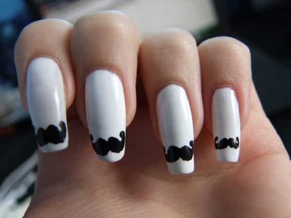 Long White Nails with Mustache Tips