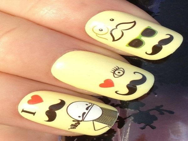 Yellow Nails with Mustaches, Hearts, Faces, and a Man