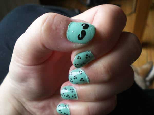 Light Blue Nails with a Mustache and Dots