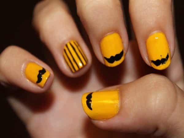 Yellow Nails with Stripes and Mustaches