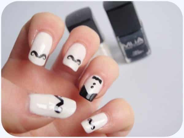 White Nails with Mustaches and a Tuxedo