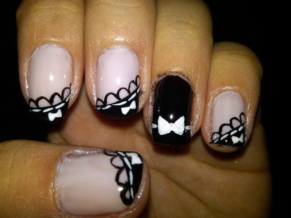 White Nails with Single Black Nail Decorated with Bow Ties