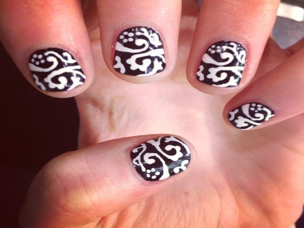 Black Nails with White Swirls