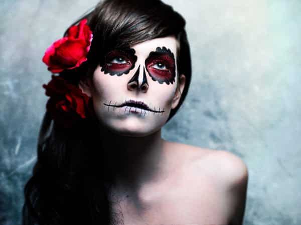 Dia De Los Muertos Long Hair with Side Swept Bangs with Roses