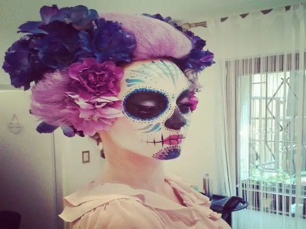 Dia De Los Muertos Purple Hairstyle with Purple Flowers