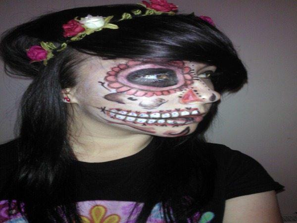 Dia De Los Muertos Long Hair with Long Bangs and Wrap Around Flower Band