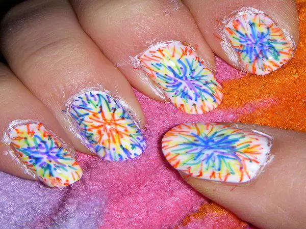 White Nails with Tie Dye Design