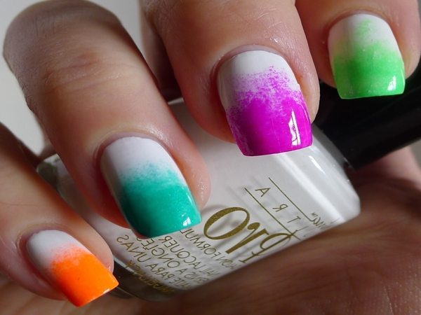White Nails with Half Orange, Blue, Purple, and Green Tie Dye