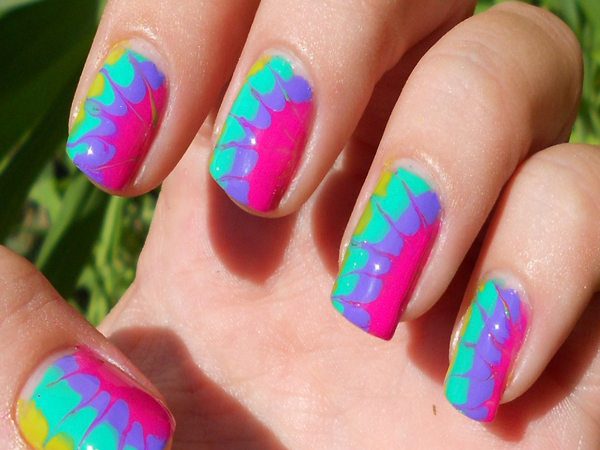 Neon Pink, Teal Blue, Purple and Yellow Tie Dye Nails