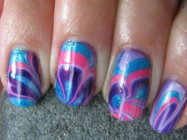 Blue, Purple, Pink, and Grey Tie Dye Nails