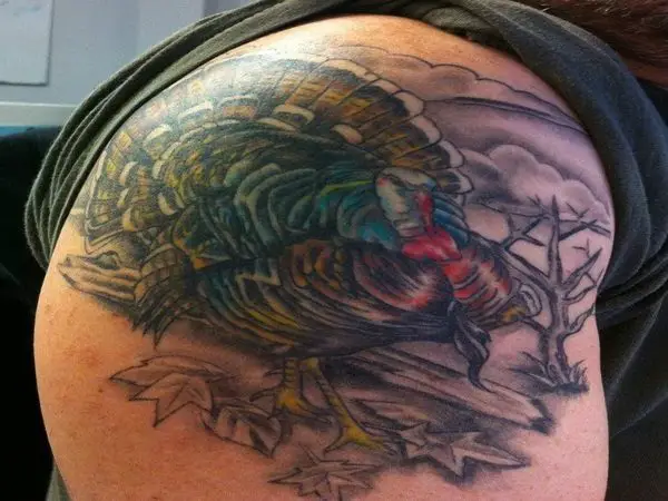 Colored Walking Turkey Tattoo with Tree and Leaves