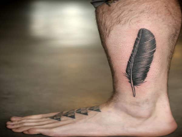 Black Ink Turkey Feather Leg Tattoo