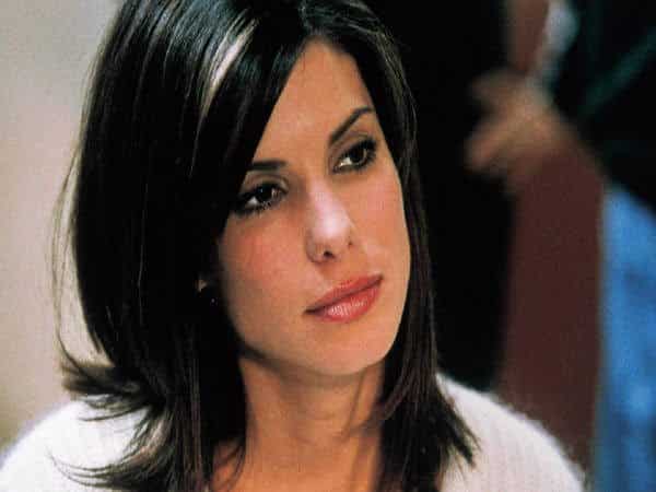 Sandra Bullock Shoulder Length Straight Hair with Side Swept Bangs