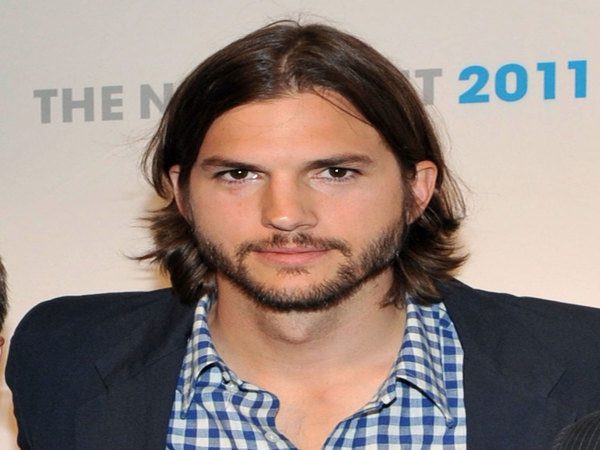 Ashton Kutcher Grown Out Dark Hair Parted In the Middle