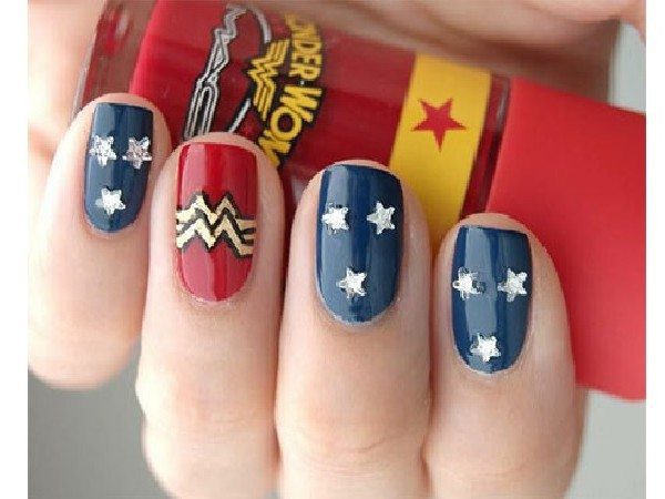 Blue Wonder Woman Nails with Stars and One Red Nail with Wonder Woman Symbol