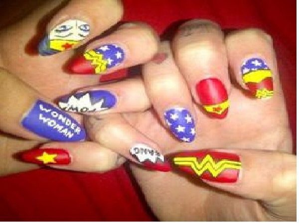 Wonder Woman Decorated Nails on Red and Blue Nails