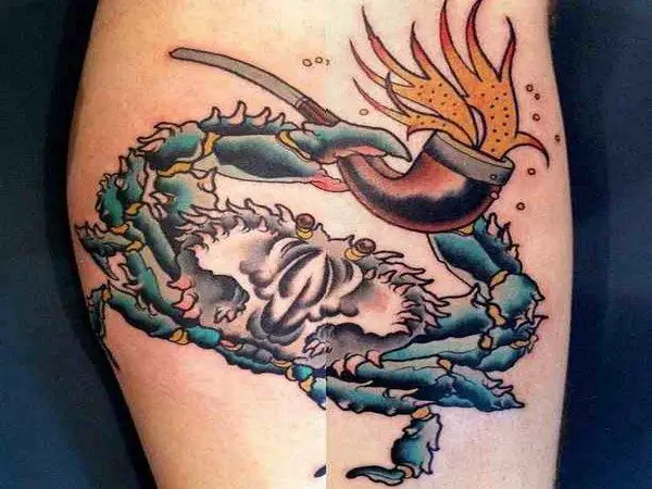 Blue Crab with Flaming Pipe Tattoo