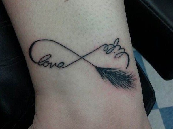 Black Ink Love and Life Infinity Tattoo with a Feather