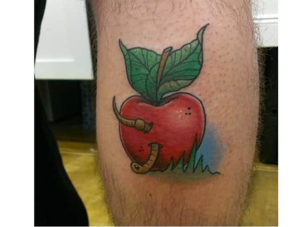 Colored Apple with Worm Leg Tattoo