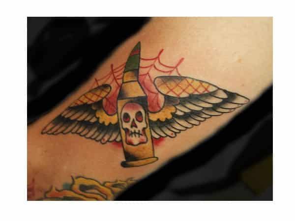 Winged Bullet with Skull and Spider Web Tattoo