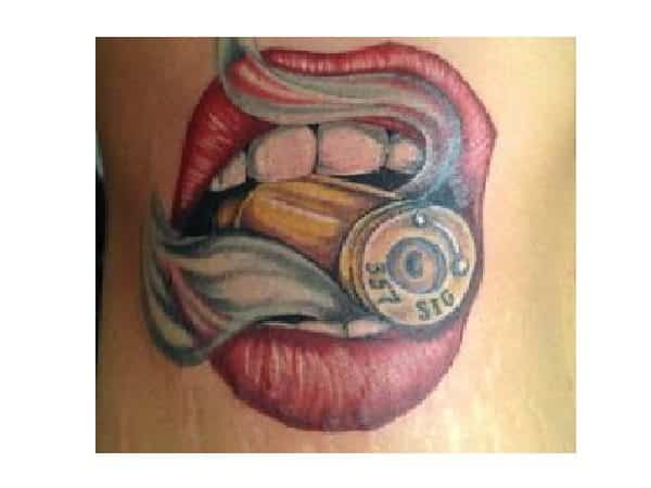 Smoking Bullet Between Red Lips Tattoo