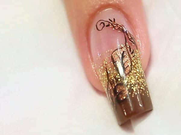 Half Plain Nails and Half Copper Glitter with Brown Tips and Brown Vines