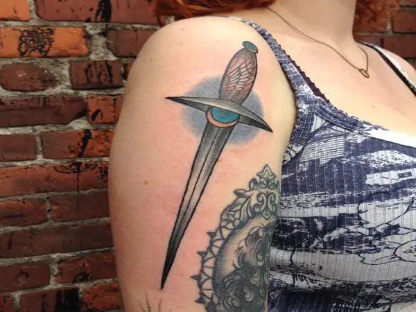 Colored Dagger with Long Blade Arm Tattoo