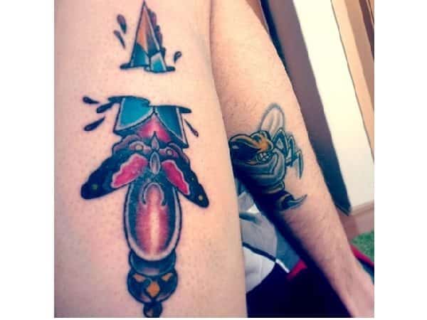 Colored Dagger Butterfly Leg Tattoo