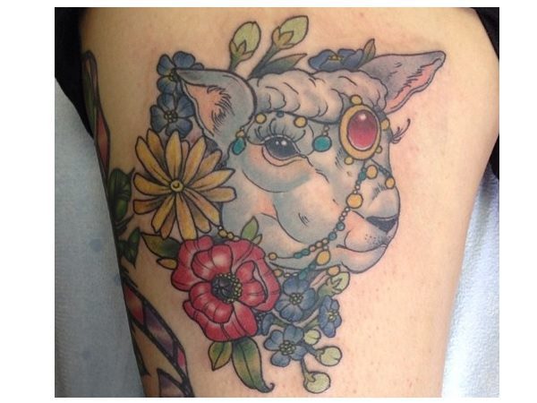 Colored Lamb Tattoo with Flowers and Jewel