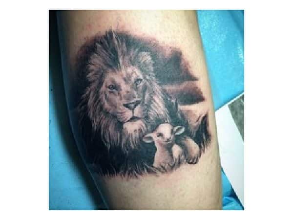 Lion and Lamb Black Ink Tattoo