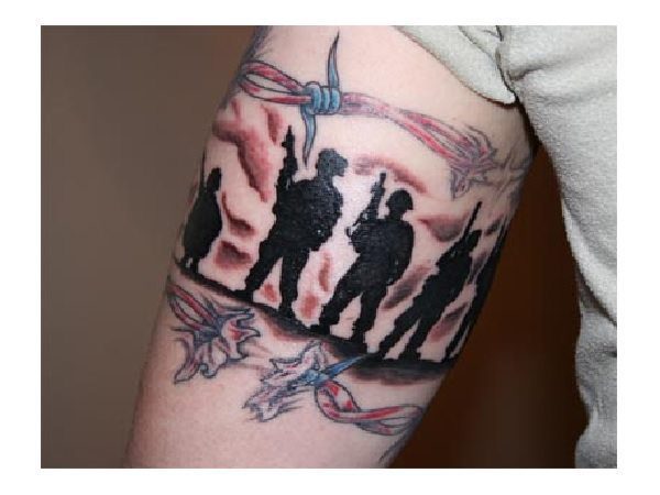 Black Shadowed Soldiers Tattoo with Barbed Wire In Patriotic Colors
