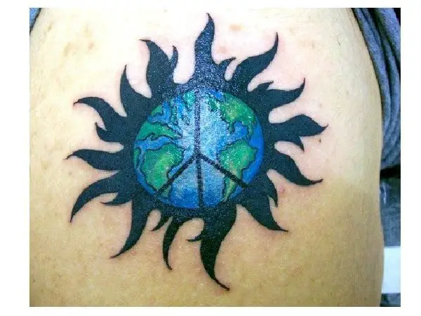 Globe Peace Sign with Blue Sun Rays Tattoo