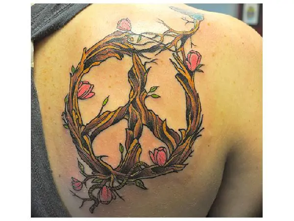 Tree Branches with Flowers Peace Sign Tattoo