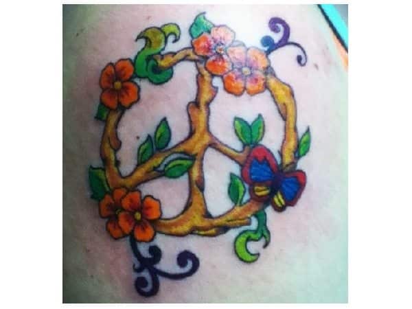 Branch Peace Sign Tattoo with Flowers Tattoo