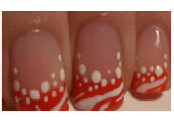 Plain Nails with Red and White Tips and White Dots