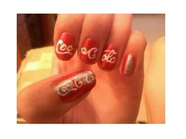 Red Coca Cola Nails with Words and Silver Bottles