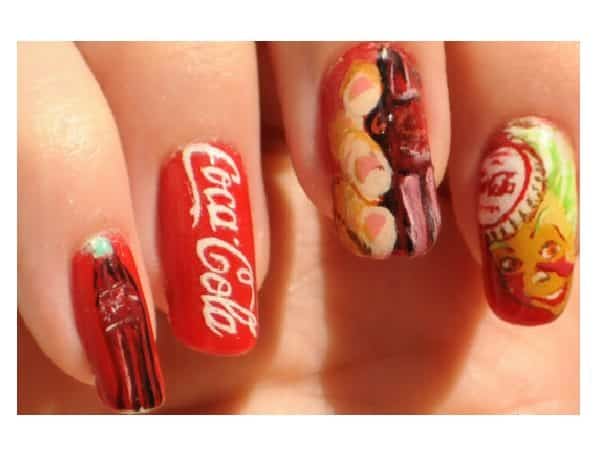 Red Coca Cola Nails with Classic Logo, and Bottle