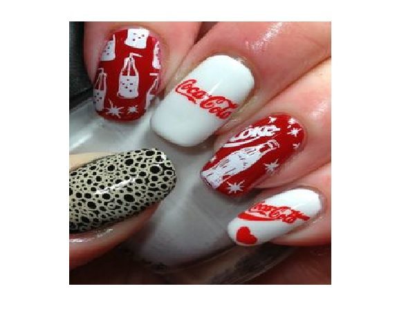 White, Red and Black Nails with Bubbles, Bottles, and the words Coca Cola