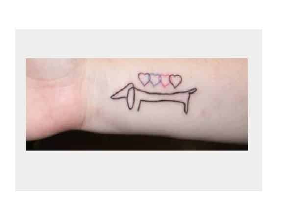 Dachshund Tattoo Inner Wrist Tattoo with Four Colored Hearts