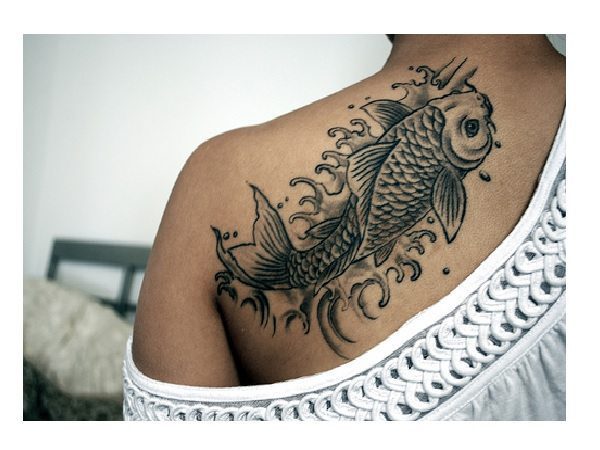 Grey Ink Shoulder Fish Tattoo