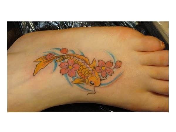Orange Koi Foot Tattoo with Flowers