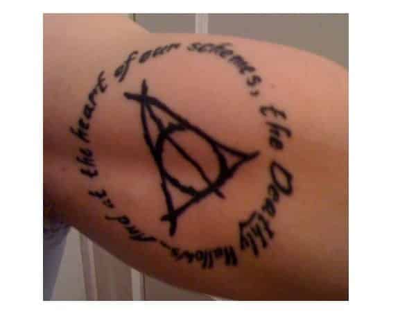 Deathly Hallows Tattoo with Words and Raggedy Symbol