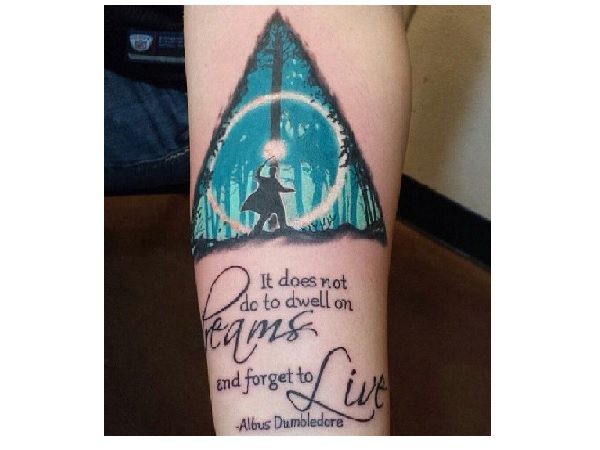 Deathly Hallows Tattoo with Albus Dumbledoor Quote