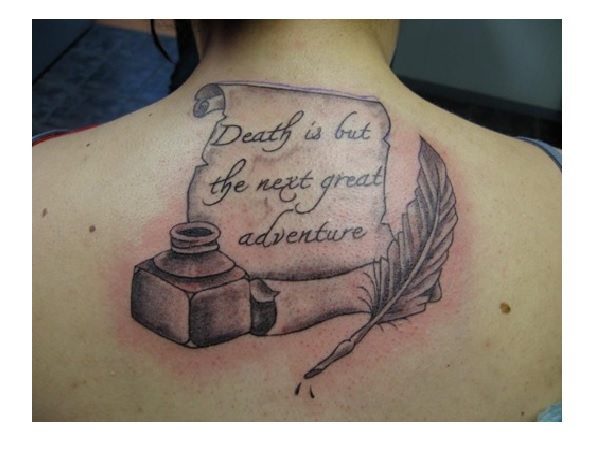Harry Potter Quote on Scroll with Feather Pen and Ink Tattoo