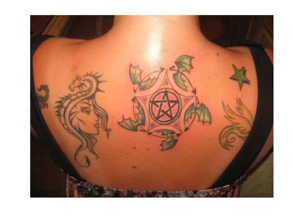Pentagram with Green Bats In a Circle Back Tattoo