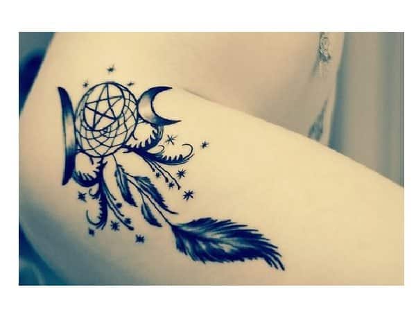 Pentagram Tattoo with Moons and Feathers
