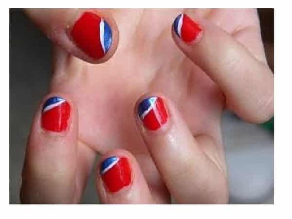 Red Nails with Pepsi Tri Colored Decorations