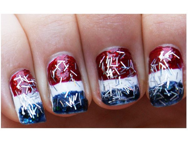 Red, White, and Blue Pepsi Nails with Silver Confetti