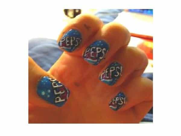 Blue Pepsi Nails with Words and Red Circles